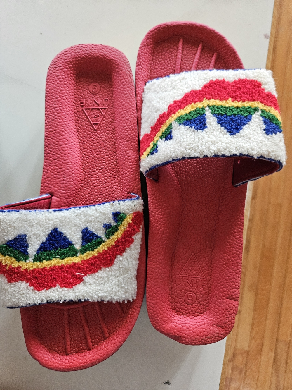 UNIF Red Slide Sandals with Multicolor Terry Strap